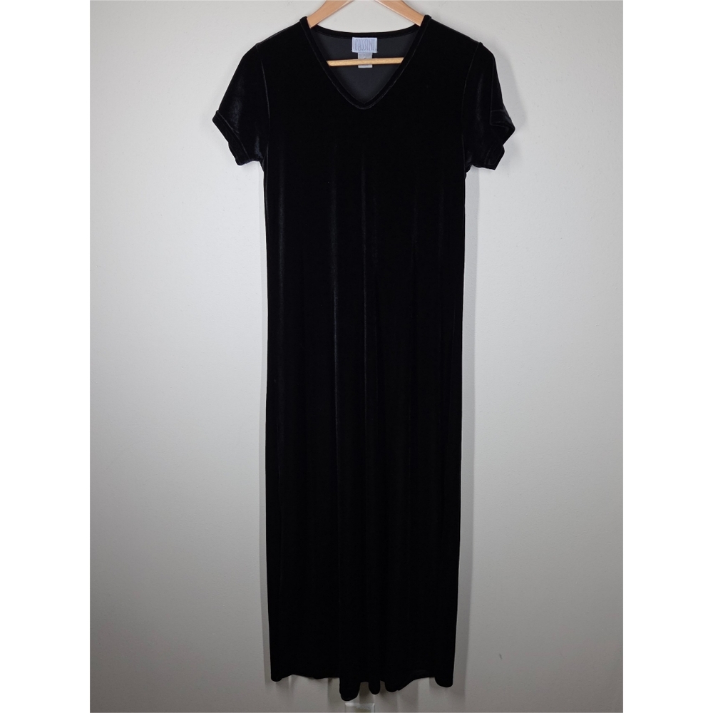 Cassini 90s Y2K Black Velvet Maxi Dress Side Leg Slits Short Sleeve Medium Goth